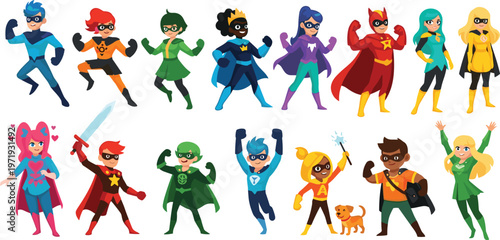 Vector Illustration of Colorful Superheroes with Various Powers, Representing Heroic Characters and Superpowers for Kids