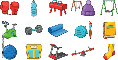 Vector Illustration of Fitness and Play Equipment, Including Gym Gear, Toys, and Health Accessories for Active Living