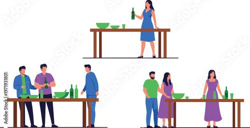 Vector Illustration of People Preparing Drinks and Setting Up Tables at a Social Gathering, Representing Party and Event Planning