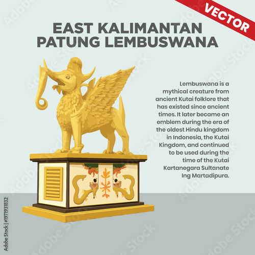 East Kalimantan Lembuswana Statue Vector, Kutai Kartanegara Kingdom Mythical Creature Illustration, Golden Winged Lion Elephant Landmark, Indonesian Culture Heritage Art, Mythology Legend Design