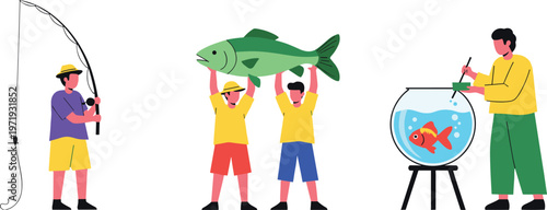 Vector Illustration of People Fishing, Catching a Large Fish, and Maintaining a Fish Tank, Representing Fishing Activities and Aquatic Care