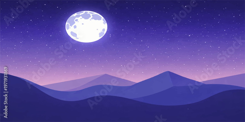 Night landscape with mountains under a full moon and starry sky in a dark blue nature scene