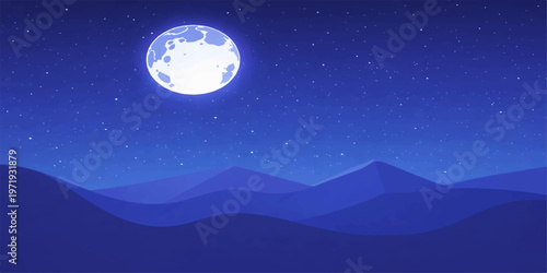 Moonlit night landscape with stars over mountains and calm water