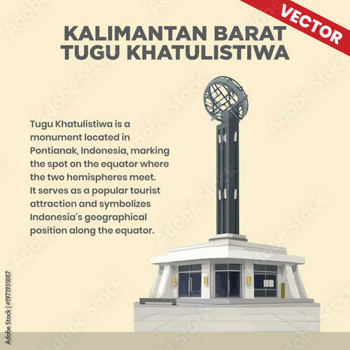 Tugu Khatulistiwa Equator Monument Pontianak West Kalimantan Vector, Zero Degree Latitude Landmark Indonesia, Geographical Icon for Education and Travel Poster Design