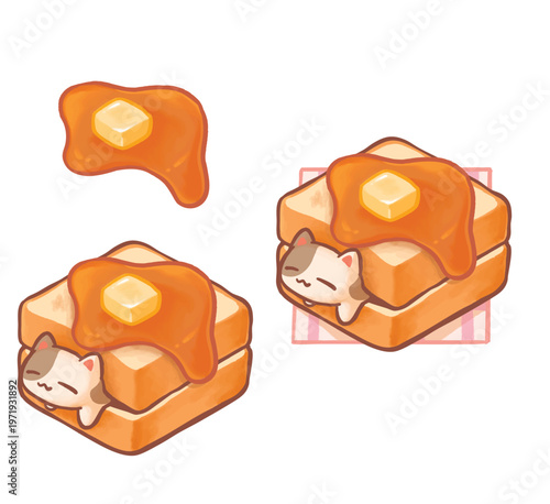 Cute Cat Toast Pancake Illustration with Syrup and Butter.  Adorable cartoon illustration of a sleeping cat nestled inside a stack of toast styled like pancakes, topped with dripping syrup and butter.