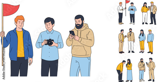 Vector Illustration of People with Flags, Cameras, and Engaging in Group Conversations, Depicting Teamwork and Outdoor Activities