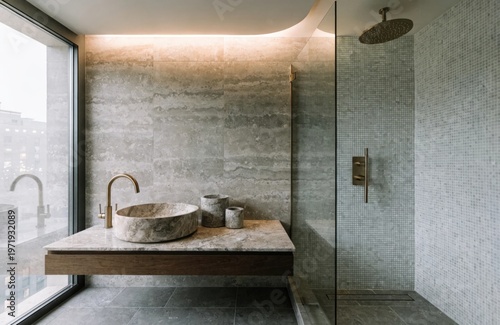 modern luxury bathroom sink detail, marble countertop with decor, white and black elegant interior, sophisticated washing area