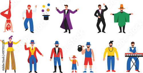 Vector Illustration of Various Entertainers and Performers, Including Magicians, Clowns, Acrobats, and Musicians, Representing Circus and Stage Arts