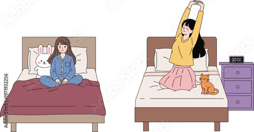 Vector Illustration of Young Girls Relaxing and Stretching in Bed with Pets, Representing Cozy Morning Moments