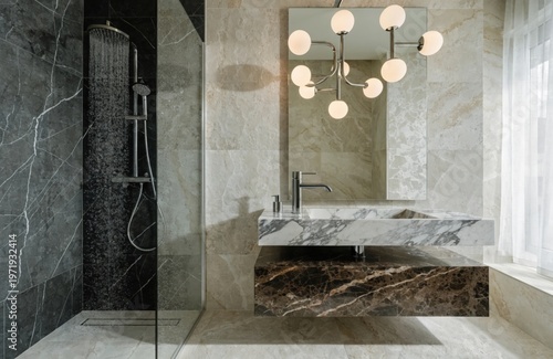 Modern bathroom design with an elegant sink, marble walls and stylish fixtures.