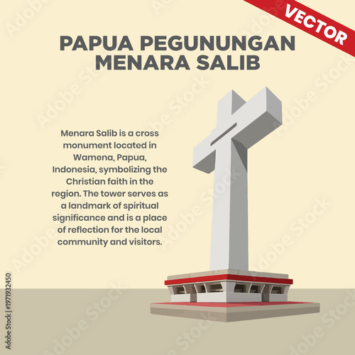 Papua Pegunungan Menara Salib Cross Monument Vector Illustration, Wamena Highland Papua Landmark, Christian Religious Icon Indonesia, Cross Statue Architecture, Spiritual Tourism Graphic