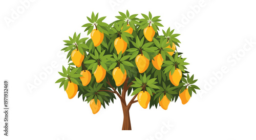Ripe Mango Tree Laden with Golden Fruit, Tropical Orchard Illustration