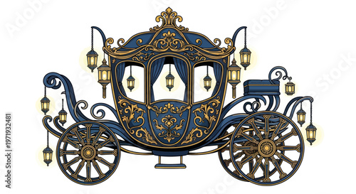 Ornate Royal Carriage with Lanterns, Vintage Cinderella Coach, Elegant Fantasy Transport
