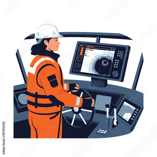 Female mariner expertly steering a vessel using advanced navigation systems on a clear, sunny day at sea