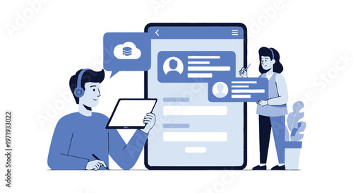 Illustrative depiction of individuals interacting with a large mobile device.