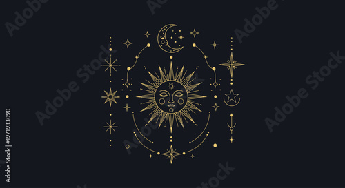 Golden celestial design featuring sun, moon, and stars on a black background with a mystical and dreamy mood.