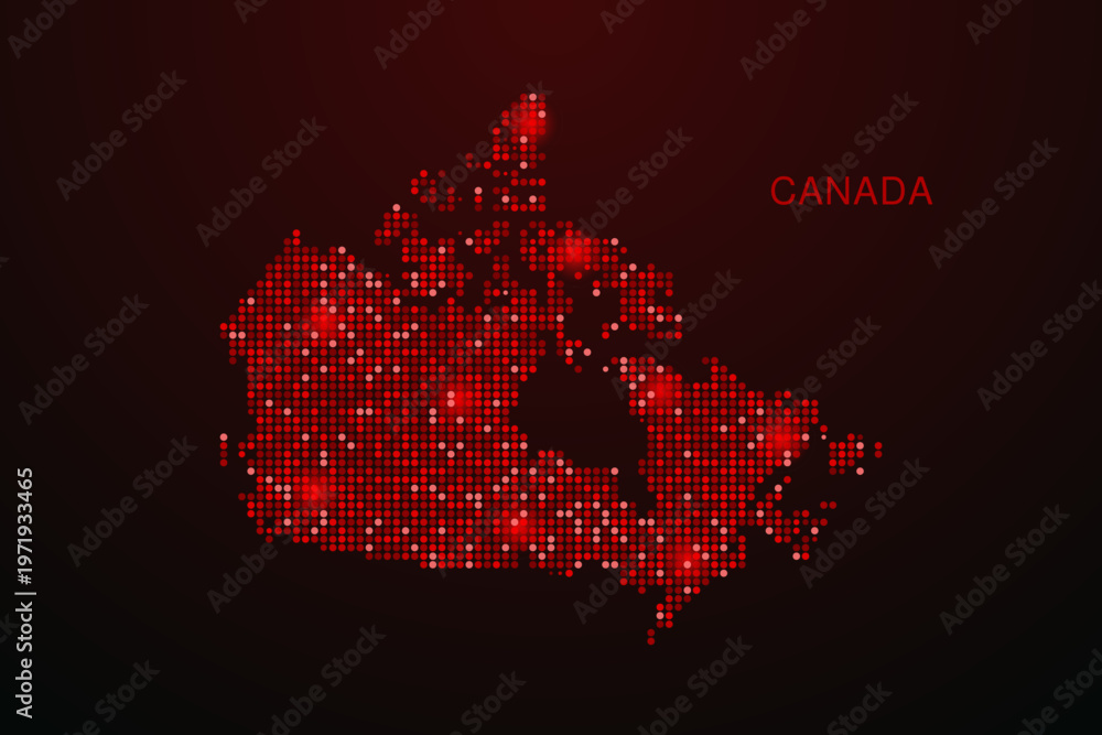 Fototapeta premium Canada Map - Digital dotted map with glowing red points on dark background, modern technology style, abstract data network design, clean minimal vector illustration.