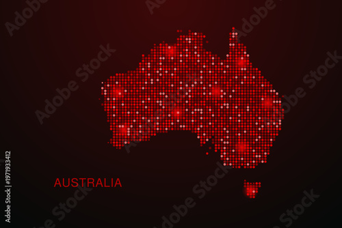 Australia Map - Digital dotted map with glowing red points on dark background, modern technology style, abstract data network design, clean minimal vector illustration.