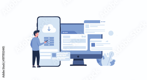 Man Interacting with Mobile Phone and Computer Screen for Data Transfer.