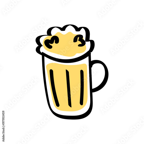 Playful hand-drawn cartoon illustration of a refreshing golden beer mug with creamy foam, perfect for celebrations and gatherings