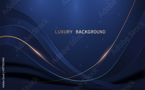 Luxury abstract background on a blue gradient with elegant, flowing curves and glowing gold light lines. Vector Illustration