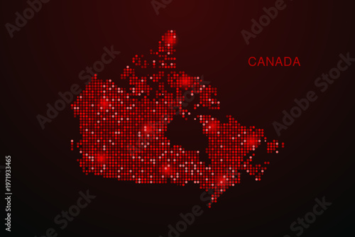 Canada Map - Digital dotted map with glowing red points on dark background, modern technology style, abstract data network design, clean minimal vector illustration.