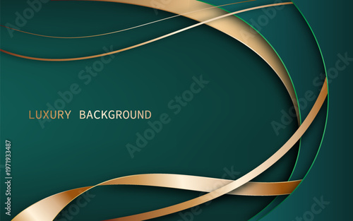 Luxury abstract background on green tones with smooth flowing gold metallic ribbons and elegant curved shapes. Vector Illustration