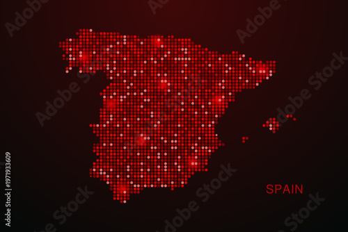 Spain Map - Digital dotted map with glowing red points on dark background, modern technology style, abstract data network design, clean minimal vector illustration.