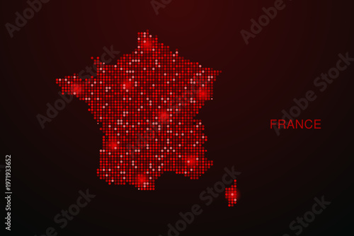 France Map - Digital dotted map with glowing red points on dark background, modern technology style, abstract data network design, clean minimal vector illustration.