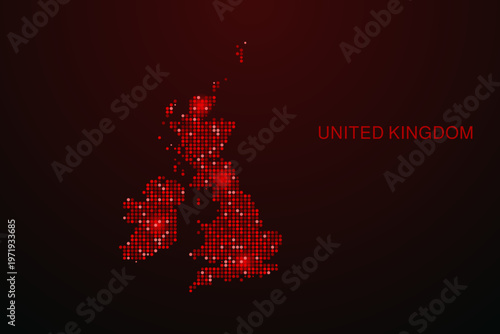 United Kingdom Map - Digital dotted map with glowing red points on dark background, modern technology style, abstract data network design, clean minimal vector illustration.