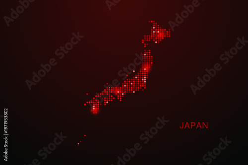 Japan Map - Digital dotted map with glowing red points on dark background, modern technology style, abstract data network design, clean minimal vector illustration.
