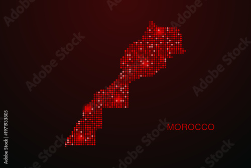 Morocco Map - Digital dotted map with glowing red points on dark background, modern technology style, abstract data network design, clean minimal vector illustration.
