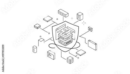 Isometric illustration of a secure data server network.