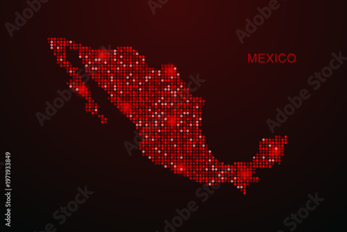 Mexico Map - Digital dotted map with glowing red points on dark background, modern technology style, abstract data network design, clean minimal vector illustration.