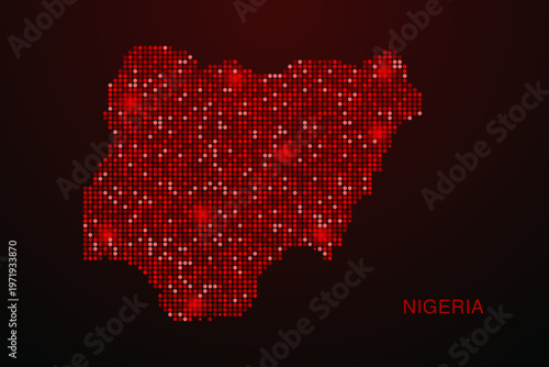 Nigeria Map - Digital dotted map with glowing red points on dark background, modern technology style, abstract data network design, clean minimal vector illustration.