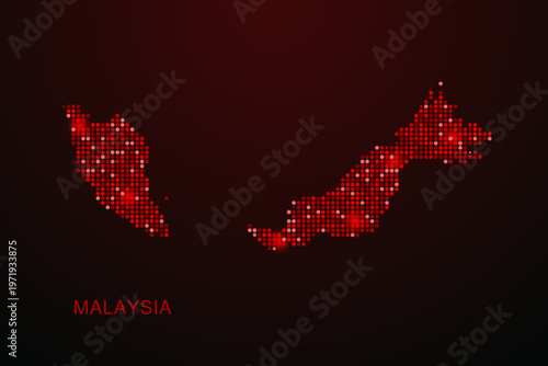 Malaysia Map - Digital dotted map with glowing red points on dark background, modern technology style, abstract data network design, clean minimal vector illustration.