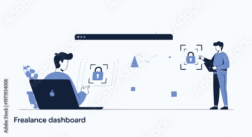 Illustrative depiction of two men interacting with security technology.