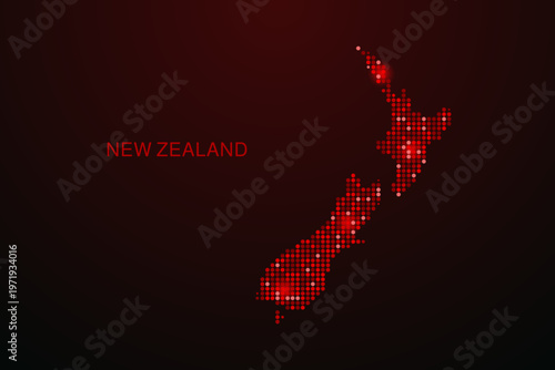New Zealand Map - Digital dotted map with glowing red points on dark background, modern technology style, abstract data network design, clean minimal vector illustration.