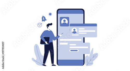 Man Interacting with Mobile Phone Application Interface for Social Media.