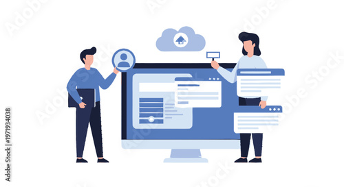 Illustrative depiction of two people interacting with a computer interface.