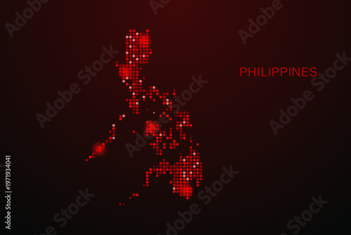 Philippines Map - Digital dotted map with glowing red points on dark background, modern technology style, abstract data network design, clean minimal vector illustration.