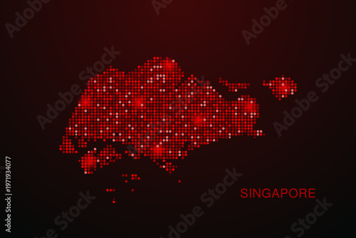 Singapore Map - Digital dotted map with glowing red points on dark background, modern technology style, abstract data network design, clean minimal vector illustration.