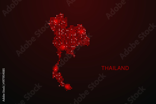 Thailand Map - Digital dotted map with glowing red points on dark background, modern technology style, abstract data network design, clean minimal vector illustration.
