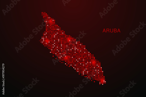 Aruba Map - Digital dotted map with glowing red points on dark background, modern technology style, abstract data network design, clean minimal vector illustration.