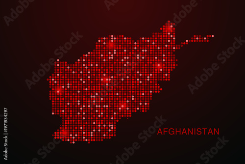 Afghanistan Map - Digital dotted map with glowing red points on dark background, modern technology style, abstract data network design, clean minimal vector illustration.