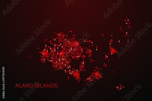 Aland Islands Map - Digital dotted map with glowing red points on dark background, modern technology style, abstract data network design, clean minimal vector illustration.