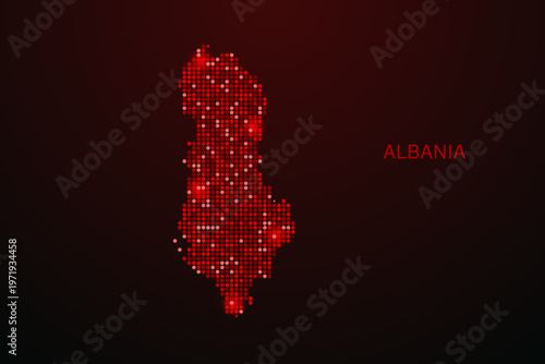 Albania Map - Digital dotted map with glowing red points on dark background, modern technology style, abstract data network design, clean minimal vector illustration.