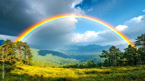 Vibrant Rainbow Arching Over Lush Mountain Landscape