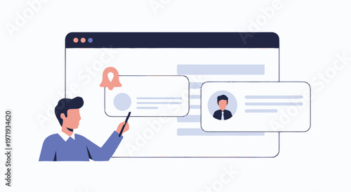 Illustration of a man presenting online profiles on a screen.