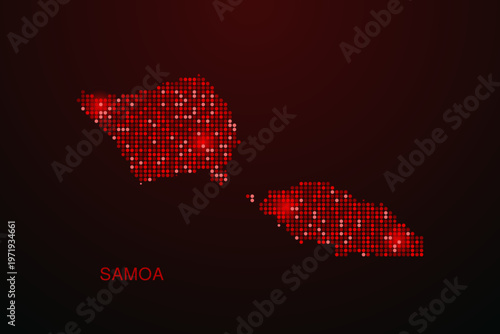 Samoa Map - Digital dotted map with glowing red points on dark background, modern technology style, abstract data network design, clean minimal vector illustration.